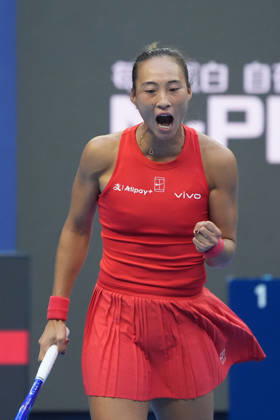 (261003) -- BEIJING, Oct. 3, 2026 -- Zheng Qinwen of China celebrates scoring while competing against Anna Kalinskaya of Russia during the women s singles second round match at 2026 China Open tennis tournament in Beijing, China, Oct. 3, 2026. ) (SP)CHINA-BEIJING-TENNIS-CHINA OPEN-WOMEN S SINGLES(CN) XiexHan 
