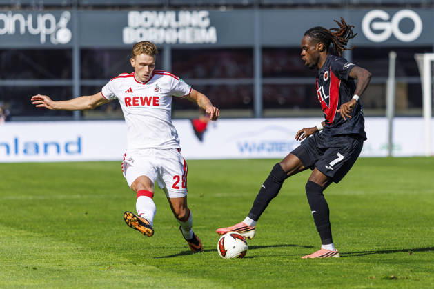 KOELN, GERMANY - OCTOBER 3, 2026: Sebastian Sebulonsen (1. FC Köln, 28) and Yannick Tonye (FC Viktoria Köln, 7) during the friendly match between FC Viktoria Köln vs. 1. FC Köln at the Sportpark Hoehenberg on October 3, 2026 in Koeln, Germany. DFL REGULATIONS PROHIBIT ANY USE OF PHOTOGRAPHS AS IMAGE SEQUENCES AND OR QUASI-VIDEO. Nordrhein-Westfalen Germany Copyright: xLeahxKohringx
