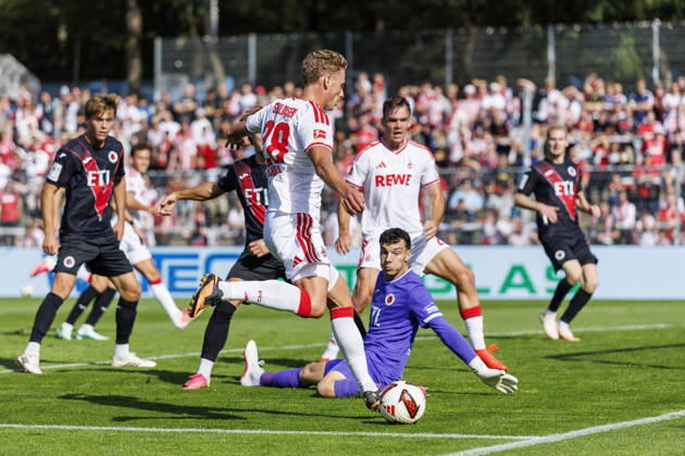 KOELN, GERMANY - OCTOBER 3, 2026: Sebastian Sebulonsen (1. FC Köln, 28) celebrating his goal during the friendly match between FC Viktoria Köln vs. 1. FC Köln at the Sportpark Hoehenberg on October 3, 2026 in Koeln, Germany. DFL REGULATIONS PROHIBIT ANY USE OF PHOTOGRAPHS AS IMAGE SEQUENCES AND OR QUASI-VIDEO. Nordrhein-Westfalen Germany Copyright: xLeahxKohringx