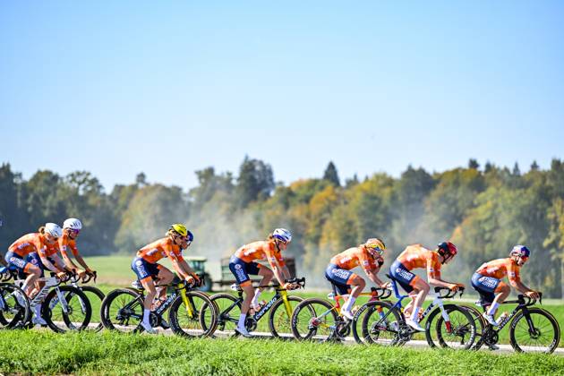 Dutch riders pictured in front of the peloton during the elite women Road Race race (130 km) at the cycling UEC Road European Championships, in Ljubljana, Slovenia Saturday 3 October 2026. The UEC Road European Championships are taking place from 02 to 07 October in Ljubljana, Slovenia. DAVIDxPINTENS  x188613306x