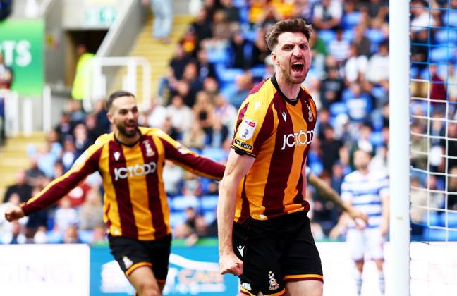 Jake Beesley of Bradford City celebrates scoring a goal after making the score 0-1. Reading v Bradford City, EFL Sky Bet League One, Football, Select Car Leasing Stadium, Reading, UK - 03 Oct 2026Reading Select Car Leasing Stadium United Kingdom EDITORIAL USE ONLY No use with unauthorised audio, video, data, fixture lists, club league logos or live services. Online in-match use limited to 120 images, no video emulation. No use in betting, games or single club league player publications. Copyright: xJamesxMarsh Shutterstockx 17183697av