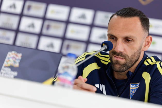 SOCCER - NL, KOS vs AUT PRISTINA,KOSOVO,03.OCT.26 - SOCCER - UEFA Nations League, OEFB international match, Länderspiel, Nationalmannschaft Kosovo vs Austria, preview, press conference, PK, Pressekonferenz team KOS. Image shows Dion Kacuri (KOS).  GEPAxpictures xArminxRauthner