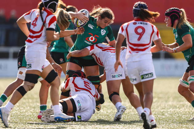 Women s International Test Match, Virgin Media Park, Cork 3 10 2026 Ireland vs Japan Ireland s Jane Clohessy is tackled by Yuna Sato and Wako Kitano of Japan Jane Clohessy is tackled by Yuna Sato and Wako Kitano 3 10 2026  Copyright: xx BB3_0234