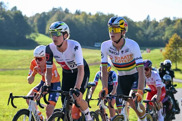 Switzerland s Marlen Reusser and Netherlands Demi Vollering are pictured in action during the elite women Road Race race (130 km) at the cycling UEC Road European Championships, in Ljubljana, Slovenia Saturday 3 October 2026. The UEC Road European Championships are taking place from 02 to 07 October in Ljubljana, Slovenia. DAVIDxPINTENS  x188619724x