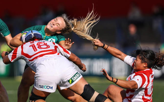 Women s International Test Match, Virgin Media Park, Cork 3 10 2026 Ireland vs Japan Ireland s Aoife Dalton has her hair pulled as she is tackled by Nijiho Nagata of Japan Aoife Dalton has her hair pulled as she is tackled by Nijiho Nagata 3 10 2026  Copyright: xx BB3_2148
