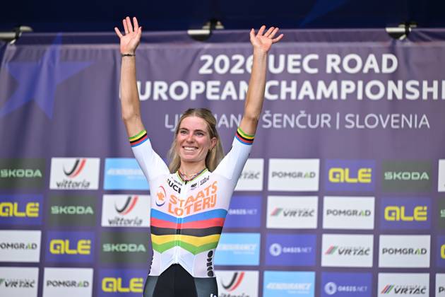 Netherlands Demi Vollering celebrates on the podium as she won the elite women Road Race race (130 km) at the cycling UEC Road European Championships, in Ljubljana, Slovenia Saturday 3 October 2026. The UEC Road European Championships are taking place from 02 to 07 October in Ljubljana, Slovenia. DAVIDxPINTENS  x0868474585stx