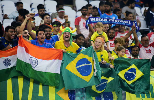 Men s International Friendly, Länderspiel, Nationalmannschaft Football match- India vs Brazil Kolkata, Oct 03 (ANI): Supporters cheer for their teams during the Men s International Friendly football match between India and Brazil at Vivekananda Yuba Bharati Krirangan, in Kolkata on Saturday. Kolkata West Bengal India Copyright: xANIx ANI_20261003312