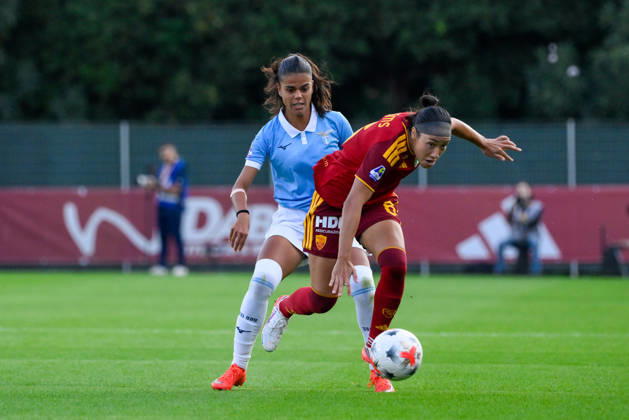 IPA89264637 - AS Roma s Maya Loren Domes battles for the ball with Lazio Women s Carola Zannini during the Italian Women s Serie A Athora 2026 2027 match between AS Roma Women and SS Lazio Women at the Tre Fontane Stadium on October 3, 2026.  Copyright: xFabrizioxCorradetti IPAxSportx xx IPA89264637