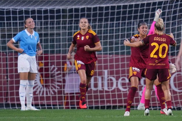 Roma™s Maya Doms celebrates after scoring during the Serie A Women soccer match between Roma and Lazio at the Rome s Tre Fontane stadium, Italy - Saturday October 3, 2026 - Soccer ( Photo by Alfredo Falcone LaPresse )  Copyright: xAlfredoxFalcone LaPressex