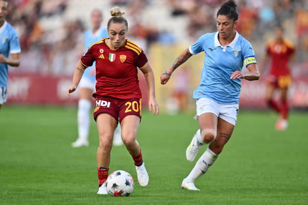 IPA89264951 - Giada Greggi of A.S. Roma Femminile and Antonietta Castiello of S.S. Lazio Women are in action during the Serie A Women Athora, Match Day 2, between A.S. Roma Women and S.S. Lazio Women, at the Tre Fontane Stadium on October 3, 2026, in Rome, Italy.  Copyright: xDomenicoxCippitelli IPAxSportx xx IPA89264951