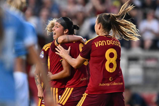 IPA89264948 - Maya Loren Doms of A.S. Roma Femminile celebrates after scoring the goal that made it 1-0 during the Serie A Women Athora match on Matchday 2 between A.S. Roma and S.S. Lazio Women at the Tre Fontane Stadium on October 3, 2026, in Rome, Italy.  Copyright: xDomenicoxCippitelli IPAxSportx xx IPA89264948