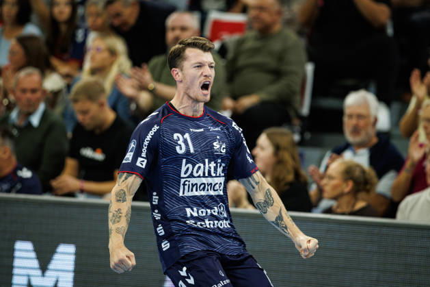 Opel HBL: SG Flensburg-Handewitt vs FRISCH AUF! Göppingen; 03.10.26 Jubel Torjubel bei Emil Jakobsen (Nr.31, SG Flensburg-Handewitt) Opel HBL: SG Flensburg-Handewitt vs FRISCH AUF! Göppingen, GGW Arena am 03.10.26 Copyright: xBEAUTIFULxSPORTS MarioxM.xKobergx