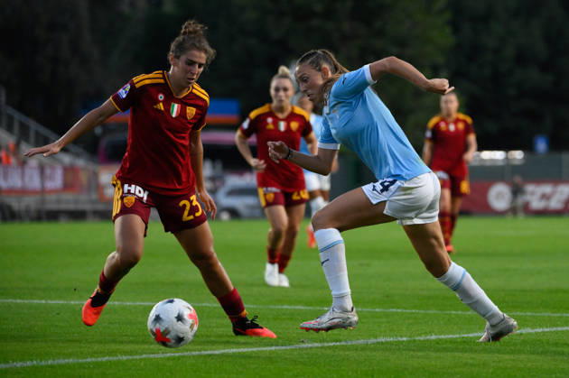IPA89265765 - Lazio Women s Martina Zanoli battles for the ball with AS Roma s Valentina Bergamaschi during the Italian Women s Serie A Athora 2026 2027 match between AS Roma Women and SS Lazio Women at Tre Fontane Stadium on October 3, 2026.  Copyright: xFabrizioxCorradetti IPAxSportx xx IPA89265765