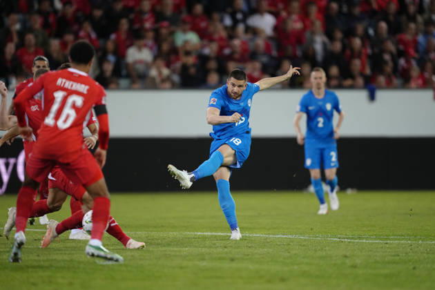 Luzern, Switzerland - October 03: Zan Vipotnik (18 SLO) scored the first goal during the UEFA Nations League match between Switzerland and Slovenia at thermoplan arena on October 03, 2026 in Luzern, Switzerland. Copyright: xKjetilxWaberx xSPPx Sportspressphoto_SPR244691