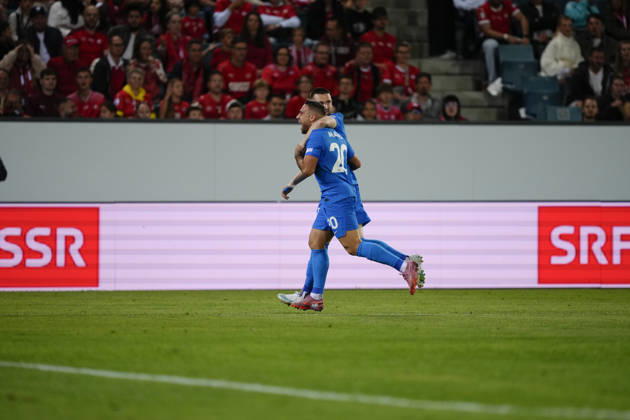 Luzern, Switzerland - October 03: Zan Vipotnik (18 SLO) celebrates hist goal with Aljosa Matko (20 SLO) during the UEFA Nations League match between Switzerland and Slovenia at thermoplan arena on October 03, 2026 in Luzern, Switzerland. Copyright: xKjetilxWaberx xSPPx Sportspressphoto_SPR244693