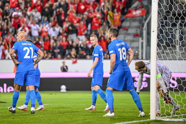 Zan Karnicnik (Slovenia) and Zan Vipotnik (Slovenia) look dejected during the UEFA Nations League 2026 27 group phase match between Switzerland and Slovenia at Luzern Arena on October 3, 2026 in Lucerne, Switzerland. (Photo by Harry Langer DeFodi Images) -