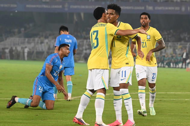 KOLKATA, INDIA - OCTOBER 3: Estevao of Brazil celebrates a goal during FIFA International Friendly, Länderspiel, Nationalmannschaft match against India at Vivekananda Yuva Bharati Stadium on October 3, 2026 in Kolkata, India. (Photo by Samir Jana Hindustan Times ) Kolkata: FIFA International Friendly Match Between Brazil And India At Vivekananda Yuva Bharati Stadium
