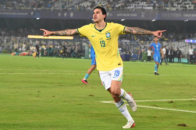 KOLKATA, INDIA - OCTOBER 3: Pedro of Brazil celbraes a goal during FIFA International Friendly, Länderspiel, Nationalmannschaft match against India at Vivekananda Yuva Bharati Stadium on October 3, 2026 in Kolkata, India. (Photo by Samir Jana Hindustan Times ) Kolkata: FIFA International Friendly Match Between Brazil And India At Vivekananda Yuva Bharati Stadium