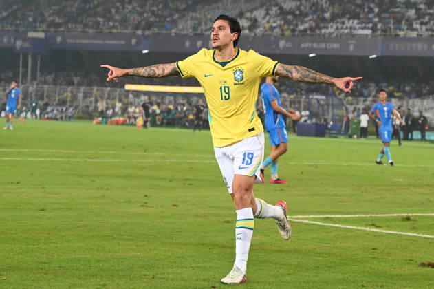 KOLKATA, INDIA - OCTOBER 3: Pedro of Brazil celbraes a goal during FIFA International Friendly, Länderspiel, Nationalmannschaft match against India at Vivekananda Yuva Bharati Stadium on October 3, 2026 in Kolkata, India. (Photo by Samir Jana Hindustan Times ) Kolkata: FIFA International Friendly Match Between Brazil And India At Vivekananda Yuva Bharati Stadium