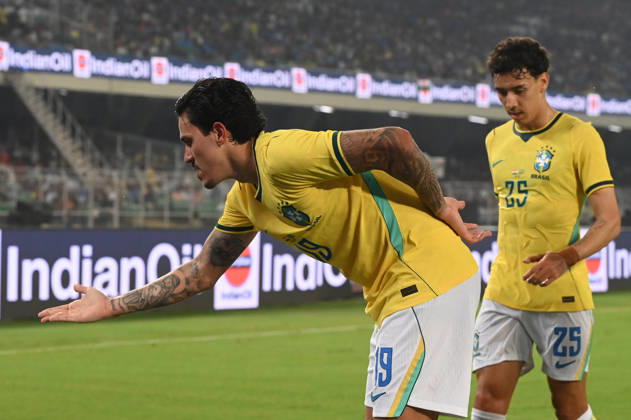 KOLKATA, INDIA - OCTOBER 3: Pedro of Brazil celbraes a goal during FIFA International Friendly, Länderspiel, Nationalmannschaft match against India at Vivekananda Yuva Bharati Stadium on October 3, 2026 in Kolkata, India. (Photo by Samir Jana Hindustan Times ) Kolkata: FIFA International Friendly Match Between Brazil And India At Vivekananda Yuva Bharati Stadium