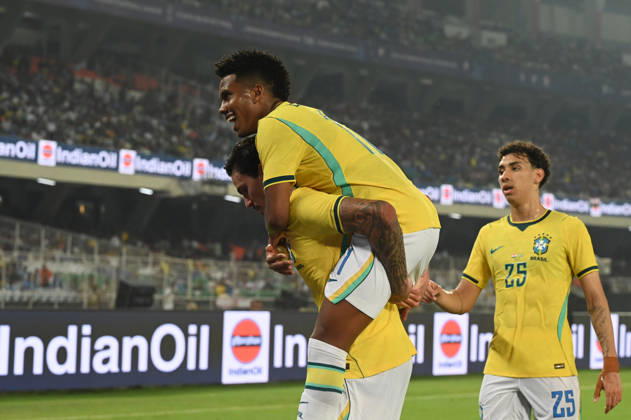 KOLKATA, INDIA - OCTOBER 3: Pedro of Brazil celbraes a goal during FIFA International Friendly, Länderspiel, Nationalmannschaft match against India at Vivekananda Yuva Bharati Stadium on October 3, 2026 in Kolkata, India. (Photo by Samir Jana Hindustan Times ) Kolkata: FIFA International Friendly Match Between Brazil And India At Vivekananda Yuva Bharati Stadium