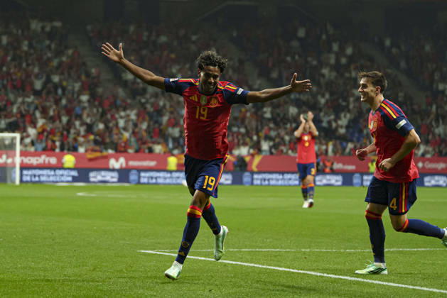 Lamine Yamal seen celebrating after scoring goal during Nations League Division A game between national teams of Spain and Czech Republic (Marta Lopez Ball Raw Images) Oviedo Estadio Carlos Tartiere Spain Copyright: xMartaxLopezx martalopez_spain_czech_2627-2