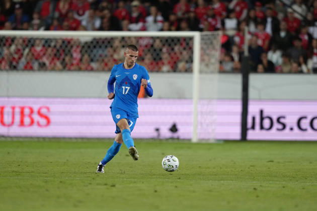Luzern, Switzerland - October 03: David Zec (17 SLO) during the UEFA Nations League match between Switzerland and Slovenia at thermoplan arena on October 03, 2026 in Luzern, Switzerland. Copyright: xKjetilxWaberx xSPPx Sportspressphoto_SPR244742