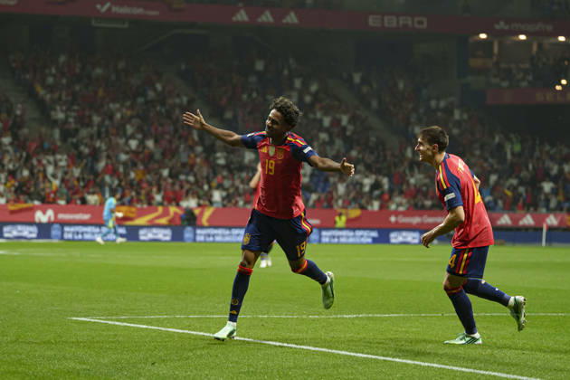 Lamine Yamal seen celebrating after scoring goal during Nations League Division A game between national teams of Spain and Czech Republic (Marta Lopez Ball Raw Images) Oviedo Estadio Carlos Tartiere Spain Copyright: xMartaxLopezx martalopez_spain_czech_2627