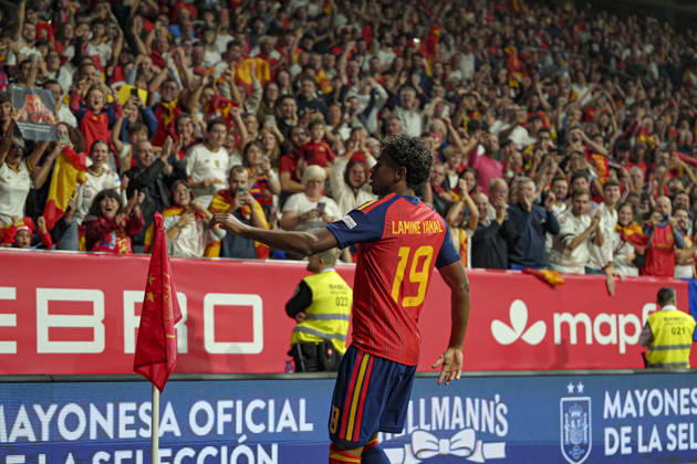 Lamine Yamal seen celebrating after scoring goal during Nations League Division A game between national teams of Spain and Czech Republic (Marta Lopez Ball Raw Images) Oviedo Estadio Carlos Tartiere Spain Copyright: xMartaxLopezx martalopez_spain_czech_2627-7A