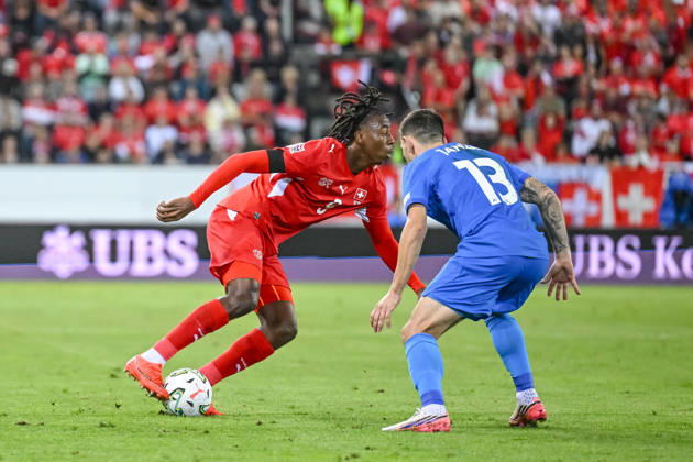 Johan Manzambi (Switzerland) and Erik Janza (Slovenia) battle for the ball during the UEFA Nations League 2026 27 group phase match between Switzerland and Slovenia at Luzern Arena on October 3, 2026 in Lucerne, Switzerland. (Photo by Harry Langer DeFodi Images) -