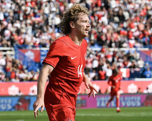 October 3, 2026, Montreal, Pq, Canada: Canada s Jacob Shaffelburg (14) celebrates after scoring against Peru during first half International Friendly, Länderspiel, Nationalmannschaft soccer action in Montreal, on Saturday, Oct. 3, 2026. Canada News - October 3, 2026 - ZUMAc35_ 20261003_zaf_c35_029 Copyright: xGrahamxHughesx