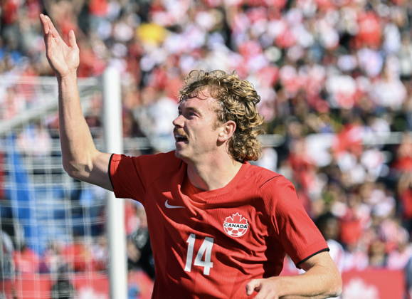 October 3, 2026, Montreal, Pq, Canada: Canada s Jacob Shaffelburg (14) celebrates after scoring against Peru during first half International Friendly, Länderspiel, Nationalmannschaft soccer action in Montreal, on Saturday, Oct. 3, 2026. Canada News - October 3, 2026 - ZUMAc35_ 20261003_zaf_c35_030 Copyright: xGrahamxHughesx