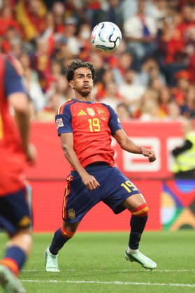 RECORD DATE NOT STATED 3rd October 2026; Carlos Tartiere Stadium, Oviedo, Spain; UEFA Nations League Football, Spain versus Czech Republic; Spain 19, Lamine Yamal, controls the ball with chest and volleys it at the goal but the ball is saved AmandaxMcMaster