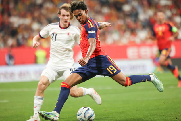 RECORD DATE NOT STATED 3rd October 2026; Carlos Tartiere Stadium, Oviedo, Spain; UEFA Nations League Football, Spain versus Czech Republic; Spain 19 Lamine Yamal takes shot on goal AmandaxMcMaster