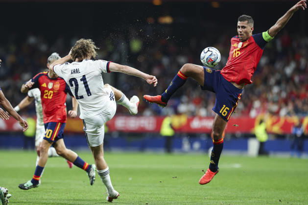 October 3, 2026, Oviedo, Asturias, Spain: Alex Kral of Chequia and Rodri of Spain compete for the ball during the UEFA Nations League 2026 27 group phase match between Spain and Czech Republic at Carlos Tartiere stadium on October 03, 2026, in Oviedo, Spain. Spain V Czech Republic - UEFA Nations League 2026 27 Group A3 MD3  - ZUMAa181 20261003_zaa_a181_105 Copyright: xIrinaxR.xHx