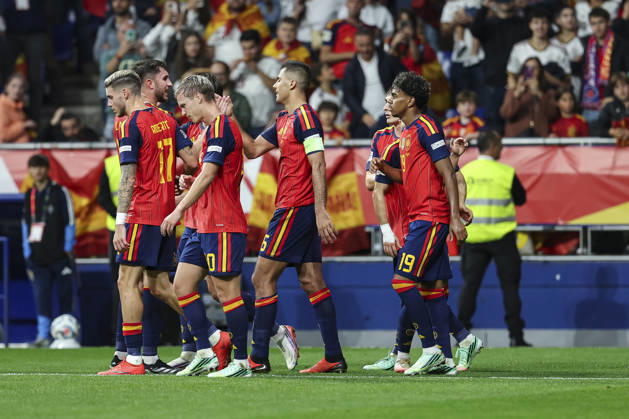 October 3, 2026, Oviedo, Asturias, Spain: Rodri of Spain celebrates after scoring his team s second goal with teammates during the UEFA Nations League 2026 27 group phase match between Spain and Czech Republic at Carlos Tartiere stadium on October 03, 2026, in Oviedo, Spain. Oviedo Spain - ZUMAa181 20261003_zaa_a181_106 Copyright: xIrinaxR.xHx