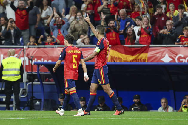 October 3, 2026, Oviedo, Asturias, Spain: Rodri of Spain celebrates after scoring his team s second goal during the UEFA Nations League 2026 27 group phase match between Spain and Czech Republic at Carlos Tartiere stadium on October 03, 2026, in Oviedo, Spain. Spain V Czech Republic - UEFA Nations League 2026 27 Group A3 MD3  - ZUMAa181 20261003_zaa_a181_108 Copyright: xIrinaxR.xHx