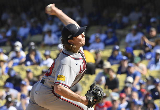 Atlanta Braves starting pitcher Dylan Dodd throws a pitch in the first inning against the Los Angeles Dodgers in game one of the National League Division Series at Dodger Stadium on Saturday, October 3, 2026 in Los Angeles, California.  LAP202610033005 JIMxRUYMEN