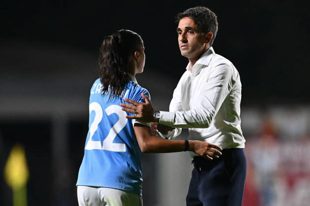 SOCCER - Women s Serie A - AS Roma vs. SS Lazio Women Photo by IPA ABACAPRESS.COM89273244 - Carola Zannini of S.S. Lazio Women and Gianluca Grassadonia, head coach of S.S. Lazio Women, at the end of the Serie A Women Athora match, Match Day 2, between A.S. Roma and S.S. Lazio Women, at the Tre Fontane Stadium on October 3, 2026, in Rome, Italy. Rome Italy Copyright: xIPAxSport ABACAx