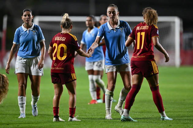 SOCCER - Women s Serie A - AS Roma vs. SS Lazio Women Photo by IPA ABACAPRESS.COM89273247 - Carlotta Masu of S.S. Lazio Women, Giada Greggi of A.S. Roma Femminile, Martina Zanoli of S.S. Lazio Women, and Alayah Pilgrim of A.S. Roma Femminile at the end of the Serie A Women Athora match, Match Day 2, between A.S. Roma and S.S. Lazio Women, at the Tre Fontane Stadium on October 3, 2026, in Rome, Italy. Rome Italy Copyright: xIPAxSport ABACAx