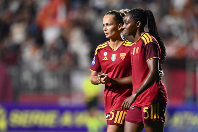 SOCCER - Women s Serie A - AS Roma vs. SS Lazio Women Photo by IPA ABACAPRESS.COM89273249 - Frederikke Thogersen of A.S. Roma Femminile and Maya Antoine of A.S. Roma Femminile at the end of the Serie A Women Athora match, Match Day 2, between A.S. Roma Women and S.S. Lazio Women, at the Tre Fontane Stadium on October 3, 2026, in Rome, Italy. Rome Italy Copyright: xIPAxSport ABACAx