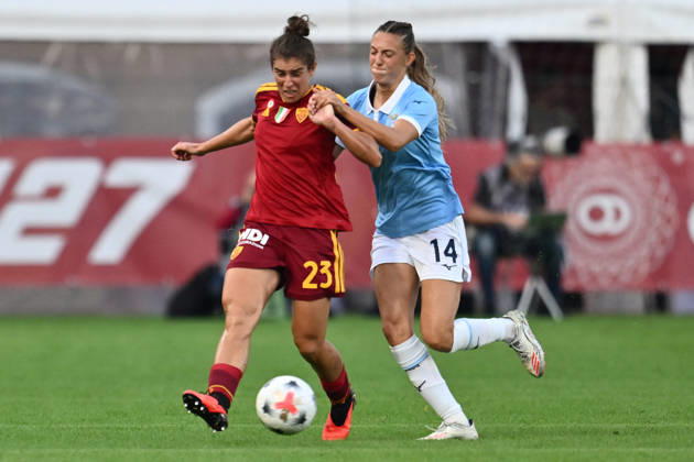 SOCCER - Women s Serie A - AS Roma vs. SS Lazio Women Photo by IPA ABACAPRESS.COM89273242 - Martina Zanoli of S.S. Lazio Women and Valentina Bergamaschi of A.S. Roma Femminile are in action during the Serie A Women Athora, Match Day 2, between A.S. Roma and S.S. Lazio Women, at the Tre Fontane Stadium on October 3, 2026, in Rome, Italy. Rome Italy Copyright: xIPAxSport ABACAx
