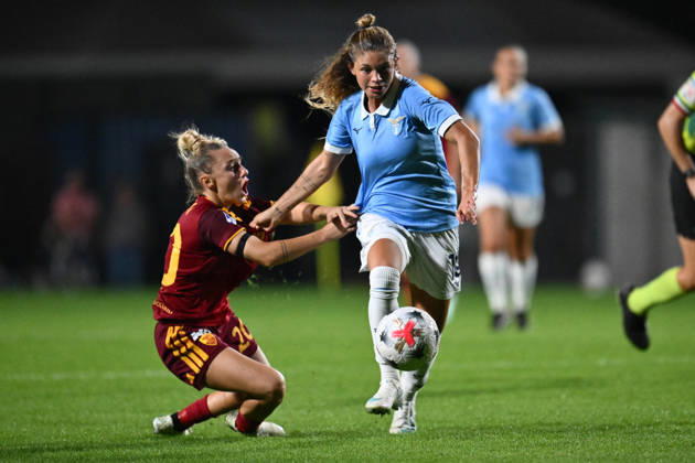 SOCCER - Women s Serie A - AS Roma vs. SS Lazio Women Photo by IPA ABACAPRESS.COM89273243 - Giada Greggi of A.S. Roma Femminile and Manuela Sciabica of S.S. Lazio Women are in action during the Serie A Women Athora, Match Day 2, between A.S. Roma Women and S.S. Lazio Women, at the Tre Fontane Stadium on October 3, 2026, in Rome, Italy. Rome Italy Copyright: xIPAxSport ABACAx