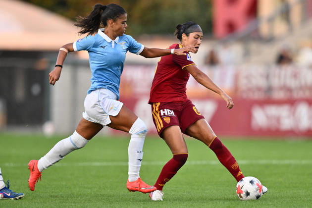 SOCCER - Women s Serie A - AS Roma vs. SS Lazio Women Photo by IPA ABACAPRESS.COM89273252 - Carola Zannini of S.S. Lazio Women and Maya Loren Doms of A.S. Roma Femminile are in action during the Serie A Women Athora, Match Day 2, between A.S. Roma and S.S. Lazio Women, at the Tre Fontane Stadium on October 3, 2026, in Rome, Italy. Rome Italy Copyright: xIPAxSport ABACAx
