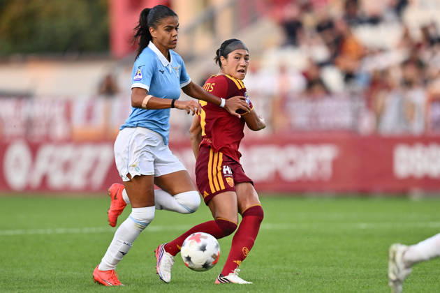 SOCCER - Women s Serie A - AS Roma vs. SS Lazio Women Photo by IPA ABACAPRESS.COM89273254 - Carola Zannini of S.S. Lazio Women and Maya Loren Doms of A.S. Roma Femminile are in action during the Serie A Women Athora, Match Day 2, between A.S. Roma and S.S. Lazio Women, at the Tre Fontane Stadium on October 3, 2026, in Rome, Italy. Rome Italy Copyright: xIPAxSport ABACAx