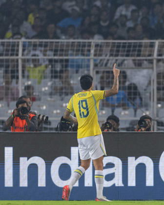 KOLKATA, INDIA - OCTOBER 3: Pedro Guilherme Abreu Dos Santos of Brazil celebrates after scoring during friendly match between India and Brazil at the Vivekananda Yuba Bharati Krirangan (VYBK) Stadium in Kolkata, India on 3rd October, 2026 Copyright: xUnnatixNaidux Sportspressphoto_SPR245140