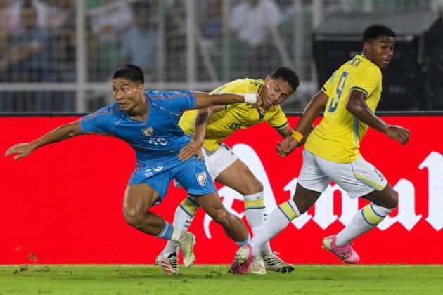 KOLKATA, INDIA - OCTOBER 3: Hmingthanmawia Ralte of India, Mauro Jaqueson Junior Ferreira dos Santos of Brazil duel for the ball during friendly match between India and Brazil at the Vivekananda Yuba Bharati Krirangan (VYBK) Stadium in Kolkata, India on 3rd October, 2026 Copyright: xUnnatixNaidux Sportspressphoto_SPR245199