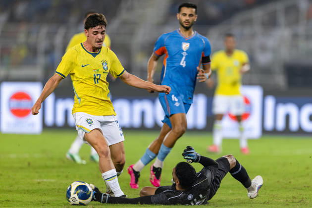 KOLKATA, INDIA - OCTOBER 3: Breno de Souza Bidon of Brazil and Prabhsukhan Singh Gill of India duel for the ball during friendly match between India and Brazil at the Vivekananda Yuba Bharati Krirangan (VYBK) Stadium in Kolkata, India on 3rd October, 2026 Copyright: xUnnatixNaidux Sportspressphoto_SPR245207