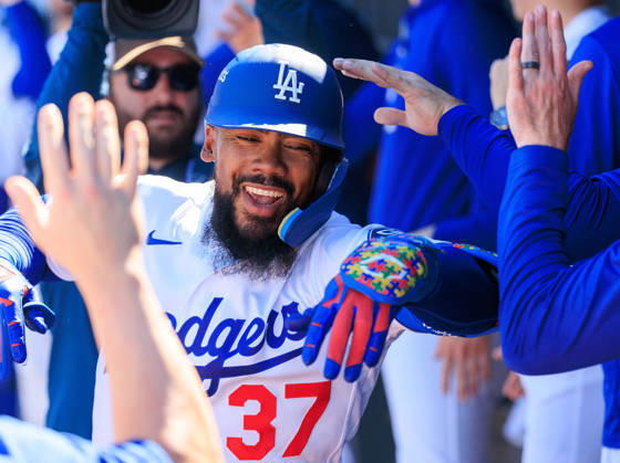 October 3, 2026, Los Angeles, California, USA: Teoscar Hernandez 37 of the Los Angeles Dodgers is congratulated in the dugout after hitting a two-run home run in the fourth inning during a NLDS Game 1 against the Atlanta Braves on Saturday October 3, 2026 at Dodger Stadium in Los Angeles, California. JAVIER ROJAS PI Los Angeles USA - ZUMAp124 20261003_zaa_p124_011 Copyright: xJavierxRojasx