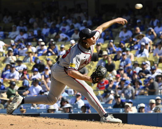 Atlanta Braves starting pitcher Dylan Dodd throws a pitch in the third inning against the Los Angeles Dodgers in game one of the National League Division Series at Dodger Stadium on Saturday, October 3, 2026 in Los Angeles, California.  LAP20261003800 JIMxRUYMEN